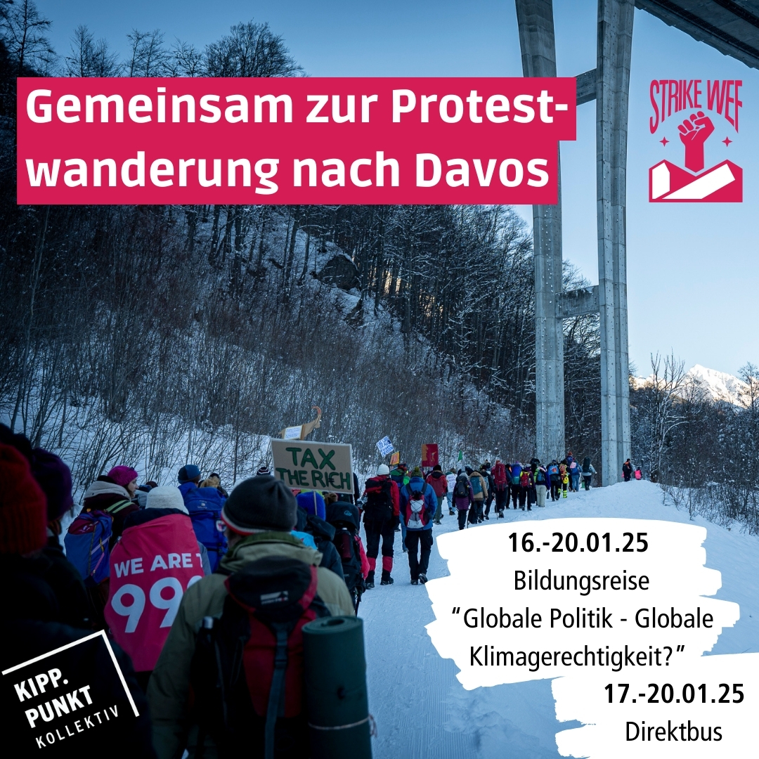 Gemeinsam zur Protestwanderung nach Davos 2025 Sharepic. Eine Wandergruppe unter einer Brücke im Schnee in den Bergen