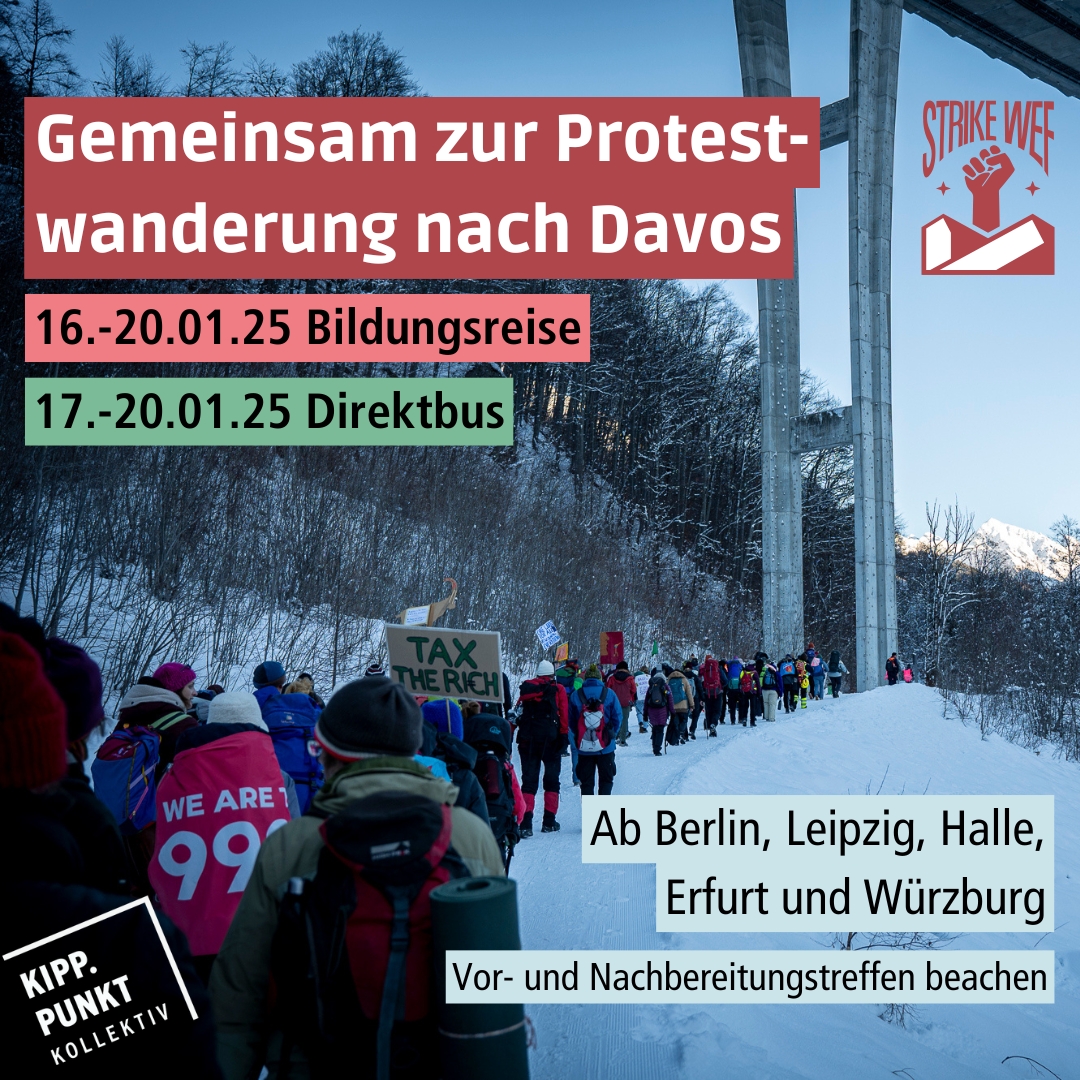 Gemeinsam zur Protestwanderung nach Davos 2025 Sharepic. Eine Wandergruppe unter einer Brücke im Schnee in den Bergen