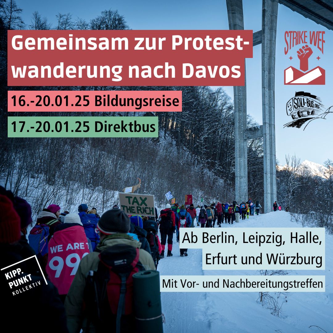 Gemeinsam zur Protestwanderung nach Davos 2025 Sharepic. Eine Wandergruppe unter einer Brücke im Schnee in den Bergen