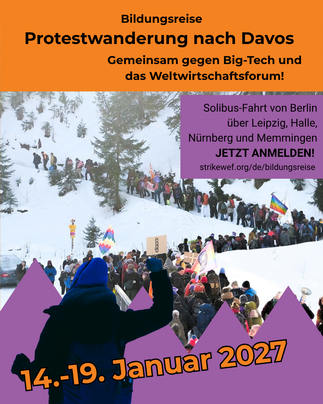 Sharepic zur Bildungsreise Davos 2027 vom 14.-19.01.2027. Im Titel steht "Bildungsreise: Protestwanderung nach Davos". Auf dem Foto ist die Protestwanderung im Schnee zu sehen.